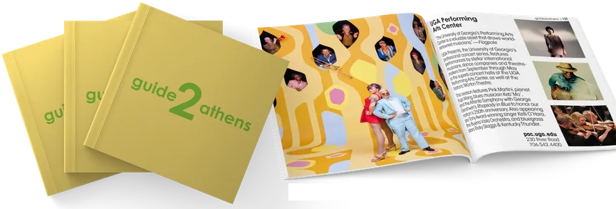 Guide to Athens 2026–27: a stack of the yellow print guides and an open spread